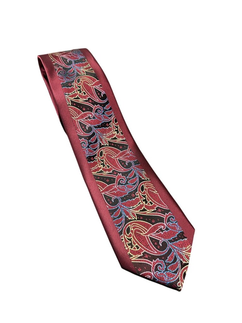 Bruno Conte Burgundy Paisley Necktie Gold Blue Accents Vintage Dark Academia